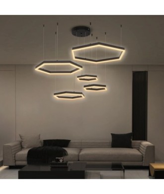 kelvo® LEXAGON KLV-101-0179 Κρεμαστό Φωτιστικό Οροφής LED 120W 12000lm 200° AC 220-240V IP20 Ρυθμιζόμενο Λευκό CCT με Χειριστήριο από 2700K έως 6000K Dimmable - Lumileds SMD Chip - Μαύρο Ματ - Μ110 x Π90 x Υ110cm - 3 Χρόνια Εγγύηση